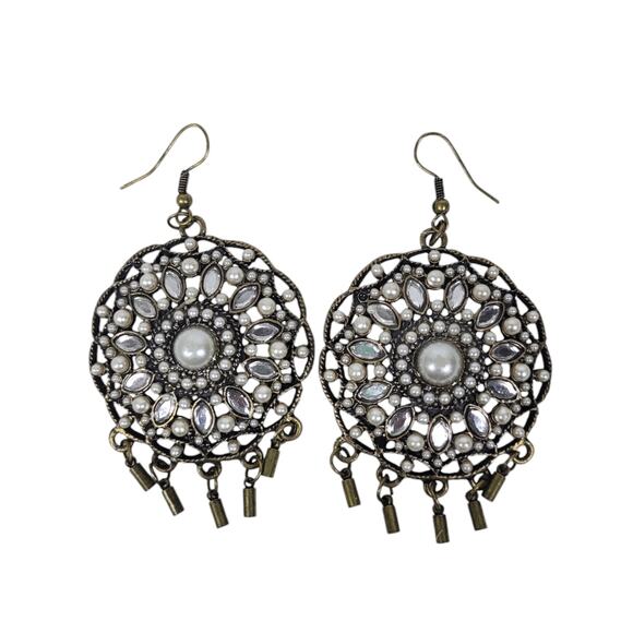 Gold Tone Faux Pearl Rhinestone Statement Tassel Circle Drop Dangle Earrings - Picture 1 of 7